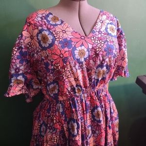 Purple Pink Blue Floral Flowy V-Neck Cotton Dress